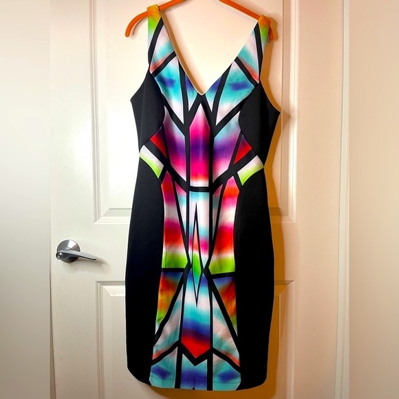 Bisou Bisou Dresses & Skirts - Bisou Bisou Vibrant Geometric Scuba Black Dress. 95% Polyester. 5% Spandex
